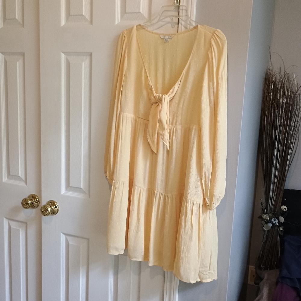 American Eagle Butter Yellow Gauze Mini‎ Dress Small Tiered Lined Boho... - Picture 5 of 11